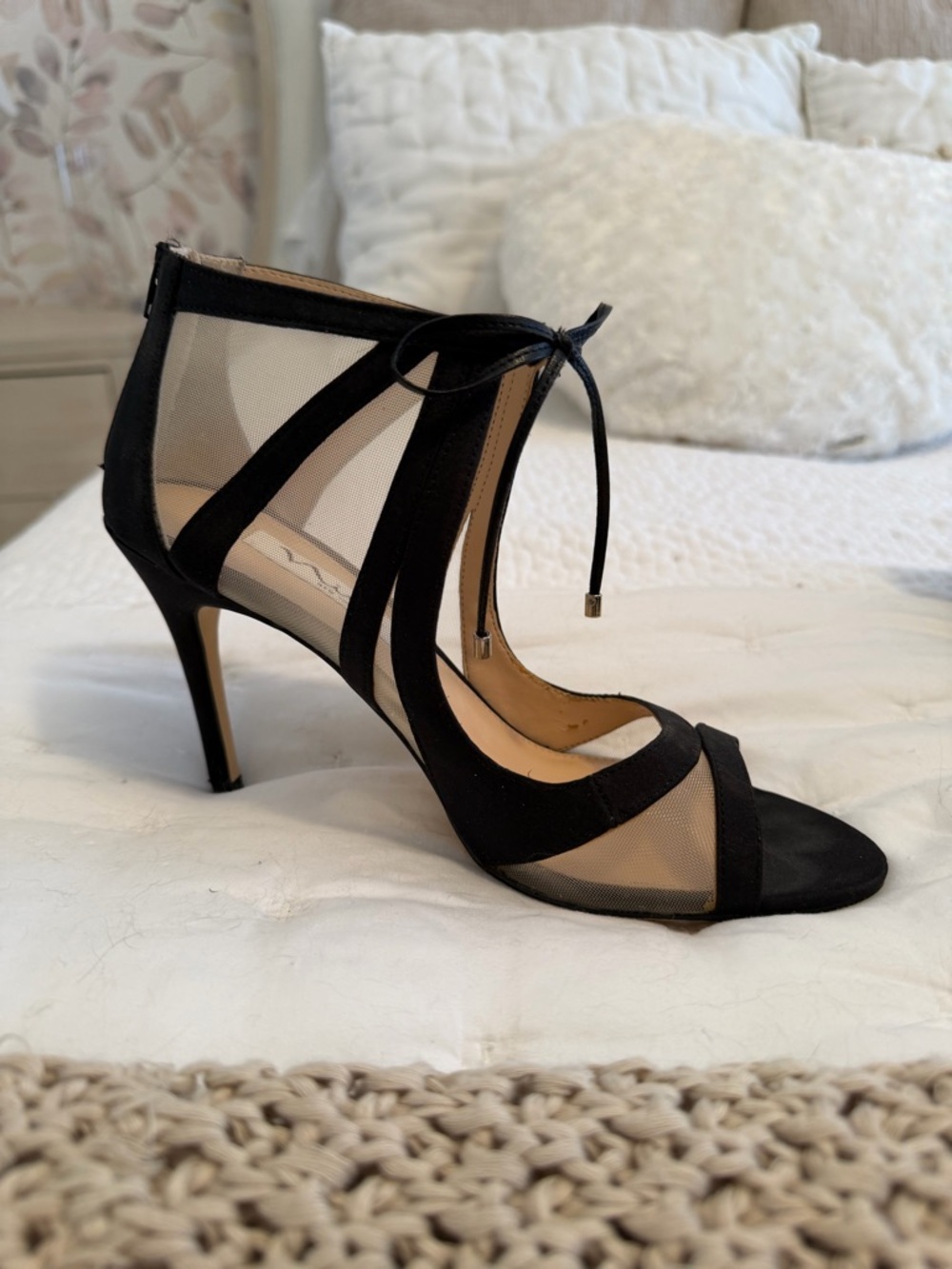 Nina Black Mesh & Suede Lace-Up Stiletto Heel